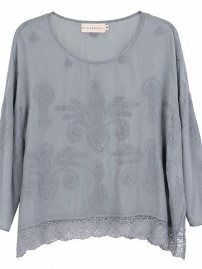 4 Love & Liberty Embroidered Sheer Boho Blouse Gray Blue Lace Hem Size S